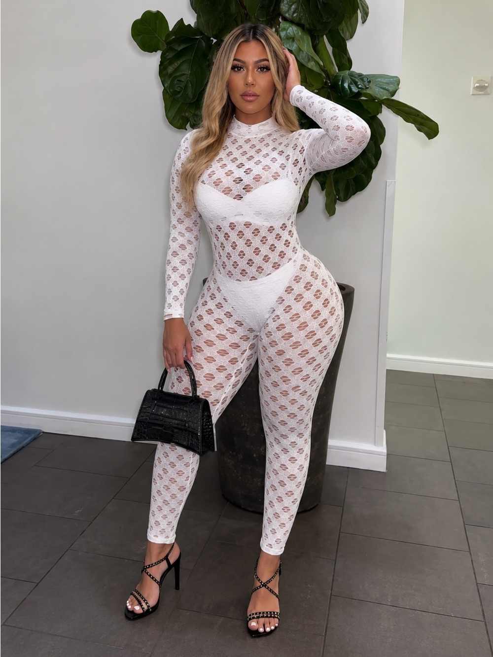 Sheer Lace Long-Sleeve Jumpsuit - White